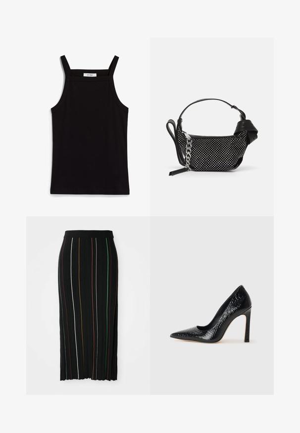 Mustat hihattomat paidat, joissa on ohut spagettiolkaimet, valmistettu ribbikankaasta. Paidassa on suora leikkaus ja kaula-aukon kohdalla on lappu, jossa lukee "IVY OAK."; Mustan värinen pleatattu hame, jossa on pystysuorat raidat keltaisena, oranssina, punaisena, vihreänä ja valkoisena. Hameessa on istuva vyötäröosa ja hieman epätasainen helma.; Musta kapea nilkkakorkokenkä krokotiilin nahkakuviolla, joka on varustettu tyylikkäällä muotoilulla, korkealla stiletto-korkealla ja sileällä mustalla sisäosalla.; Musta käsilaukku, jossa on niittikoristeet, ketjuhihna ja sileä nahkakahva, pyöreä muoto ja vetoketjullinen osasto.