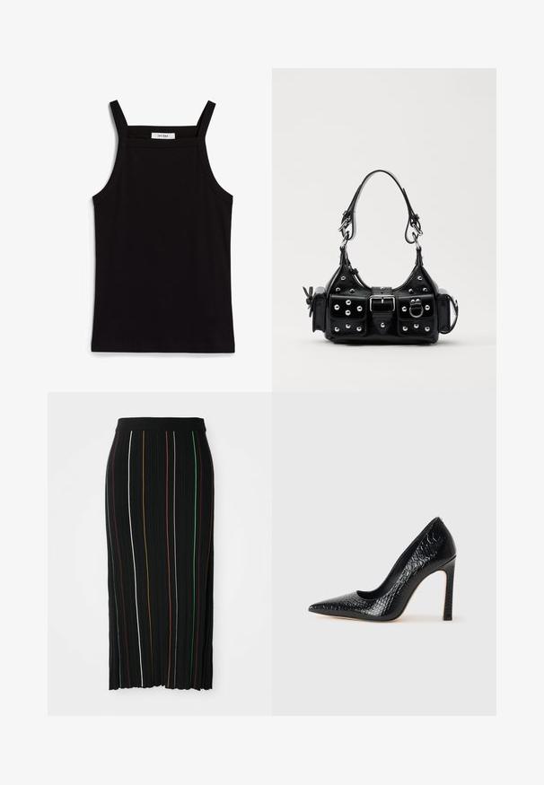 Schwarzes Tanktop mit dünnen Spaghetti-Trägern, aus geripptem Stoff, mit geradem Schnitt und einem Etikett am Hals, auf dem "IVY OAK" steht.; Schwarzer Faltenrock mit vertikalen Streifen in Gelb, Orange, Rot, Grün und Weiß. Hat einen taillierten Bund und einen leicht unebenen Saum.; Schwarzer, spitz zulaufender High Heel mit Krokodilleder-Struktur, elegantem Design, hohem Stiletto-Absatz und glattem schwarzen Innenraum.; Schwarze Lederhandtasche mit einem geschwungenen Design, verziert mit silbernen Nieten, einer Schnalle und zwei seitlichen Taschen. Verstellbarer Träger für verschiedene Tragemöglichkeiten.