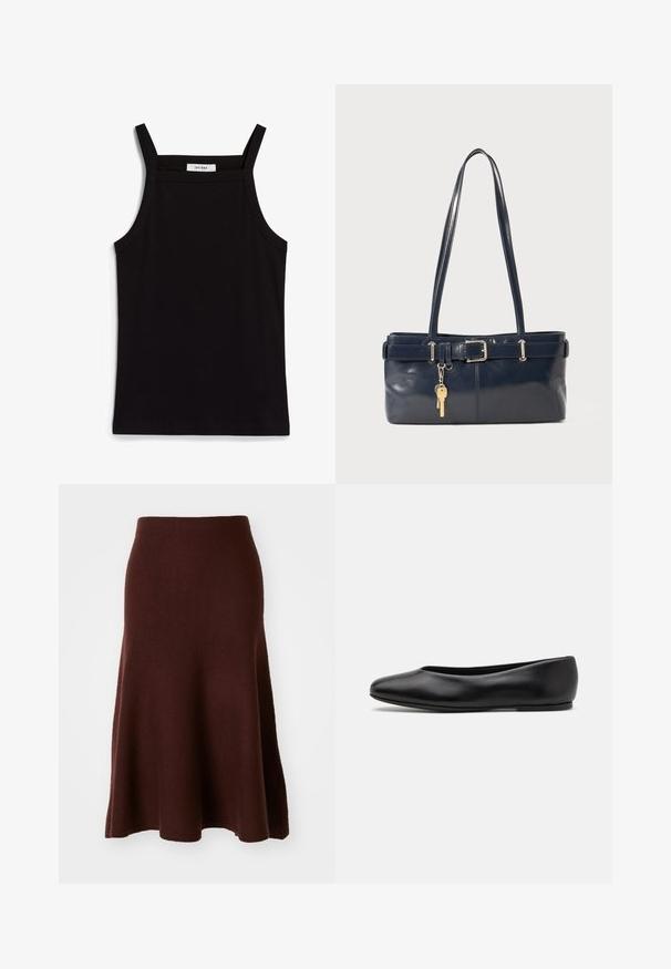 Černý top bez rukávů s tenkými ramínky, vyrobený z žebrované tkaniny, se rovný střih a štítek na výstřihu s nápisem "IVY OAK."; Hnědá sukně z merinovlny, A-liniový tvar, hladká textura, délka ke kolenům s rozšířeným lemem, minimální švy, vhodná pro každodenní nošení.; Paul Smith TOPANGA - Klasické baleríny - black; Námořnická kožená kabelka s dvěma dlouhými uchy, detaily s přezkou a připevněným klíčenkou. Vyznačuje se hladkým povrchem a obdélníkovým tvarem.