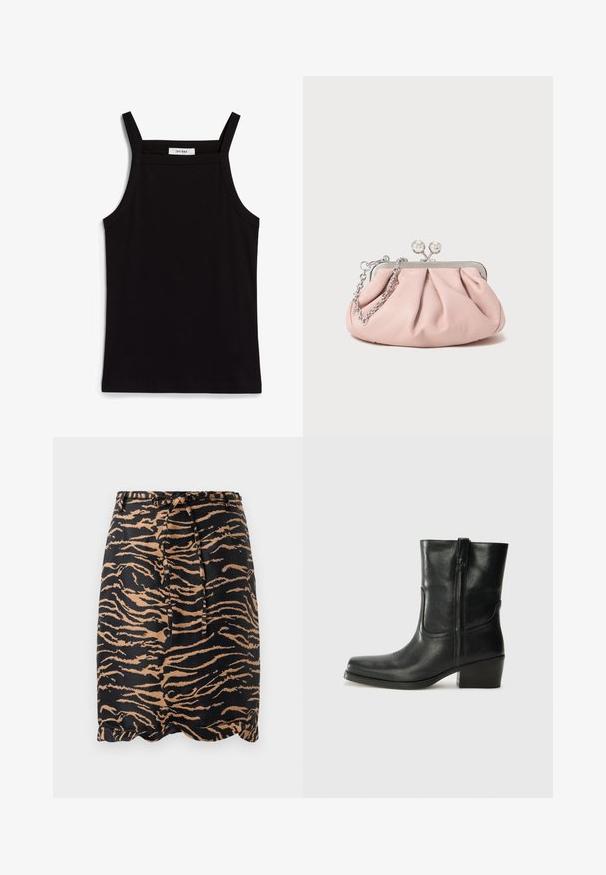 Čierny tielko s tenkými ramienkami, vyrobené z rebrovanej tkaniny, s rovnými okrajmi a označením na výstrihu s nápisom "IVY OAK."; Sukňa čiernej a pieskovej farby s tigerovým pruhovaním vyrobená z hladkej látky, s viazaním v páse a zalomeným lemom.; Čierne kožené členkové topánky s okrúhlou špičkou, blokovým podpätkom, bočným zipsom a prešívaním na priehlavku. Hladká textúra, klasický dizajn.; Ružová kožená kabelka s prepleteným dizajnom, kovovým rámom, dvoma okrúhlymi západkami a strieborným reťazovým popruhom. Hladká textura, kompaktný tvar.