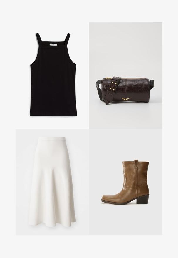 Fekete ujjatlan felső, vékony spagetti pántokkal, bordás anyagból készült, egyenes vonalú fazonnal, a nyakrészen "IVY OAK" felirattal.; Egy fehér A-vonalú szoknya, sima anyagból készült, amely jól illeszkedő derékkal és ívelt sziluettel rendelkezik, amely finoman a vádli közepéig ér.; Barna bőrből készült bokacsizma négyzet alakú orral, texturált felülettel és alacsony, rakott sarkával. Hátsó húzófüllel és finom varrási részletekkel rendelkezik.; Barna krokodilbőr hatású bőr táska henger alakú, arany tónusú fémveretekkel és lecsatolható, szegecsekkel díszített pánttal.