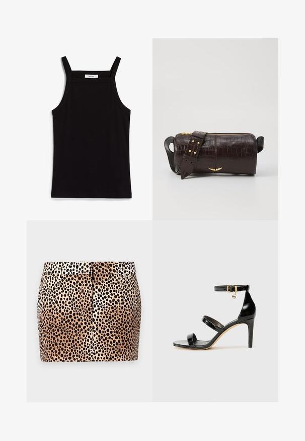 Canotta nera con spalline sottili, realizzata in un tessuto a coste, caratterizzata da un taglio dritto e un'etichetta sul collo che recita "IVY OAK."; Gonna in stampa leopardata con forma aderente, sfondo beige e macchie nere. Presenta una vita piatta e dettagli in plissè discreti sul retro.; Sandalo in pelle verniciata nera con tre cinturini, fibbia alla caviglia e tacco a stiletto di 10 cm. Presenta dettagli in hardware dorato e un charm con logo.; Borsa in pelle stampata a coccodrillo marrone con forma cilindrica, accessori in tonalità oro e una tracolla staccabile con borchie.