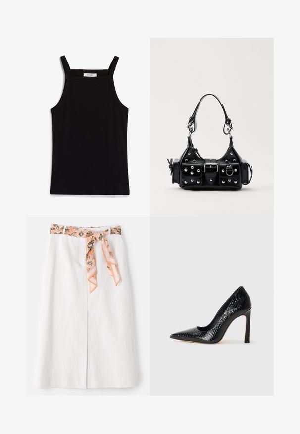 Top negru fără mâneci, cu bretele subțiri, fabricat dintr-un material ribat, având o tăietură dreaptă și o etichetă la gât cu textul "IVY OAK."; Fustă midi albă cu un cravată din mătase cu model la talie. Are un croi drept și o textură subtilă. Fără închideri vizibile.; Pantofii cu toc înalt, ascuțiți, de culoare neagră, cu textură de piele de crocodil, având un design elegant, toc în stil stiletto și interior neted de culoare neagră.; Geantă de piele neagră cu un design curbat, dotată cu studuri argintii, o cataramă și două buzunare laterale. Curea ajustabilă pentru opțiuni de transport.