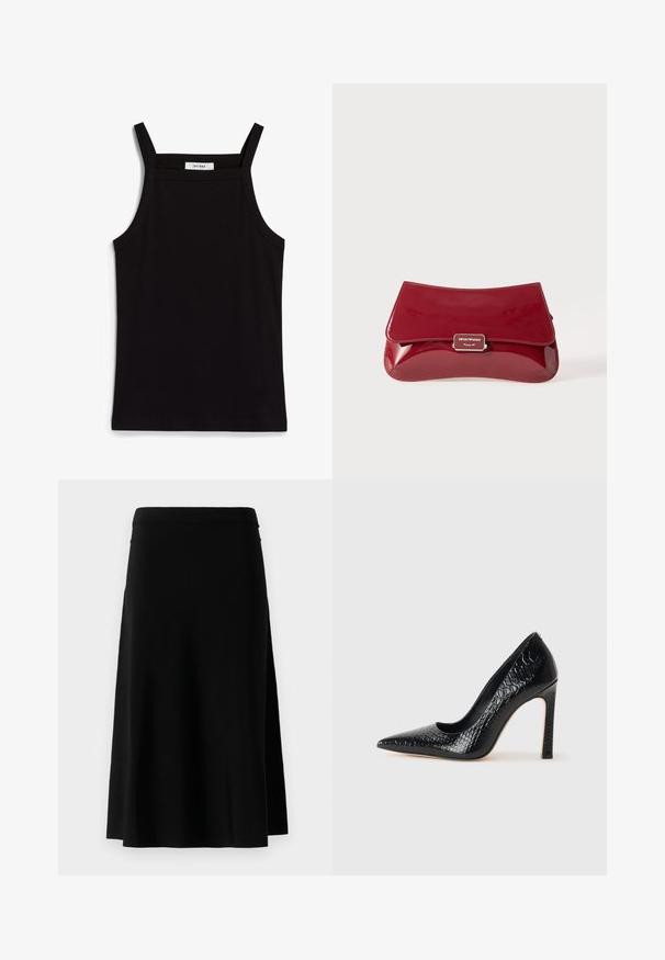 Camisola preta de alças finas em tecido canelado, com corte reto e uma etiqueta no decote que diz "IVY OAK."; Saias preta até aos joelhos com corte reto e fenda lateral, exibida contra um fundo branco.; Sapato de salto alto de bico fino preto com textura de pele de crocodilo, apresentando um design elegante, salto agulha alto e interior preto suave.; Clutch em pele vernizada vermelha com um design curvado, aba a dobrar e um detalhe de logótipo em metal numa placa prateada. Textura suave e brilhante.