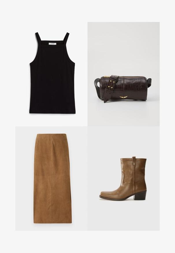 Débardeur noir à fines bretelles, en tissu côtelé, avec une coupe droite et une étiquette au niveau du col indiquant "IVY OAK."; Jupe midi en daim marron avec une coupe droite, texture lisse et coutures propres. Ne présente aucun système de fermeture visible ni accents supplémentaires.; Bottine en cuir marron avec un orteil carré, une finition texturée et un petit talon empilé. Présente une languette à l'arrière et des détails de couture subtils.; Sac en cuir embossé crocodile marron avec une forme cylindrique, quincaillerie dorée et une bandoulière détachable ornée de clous.