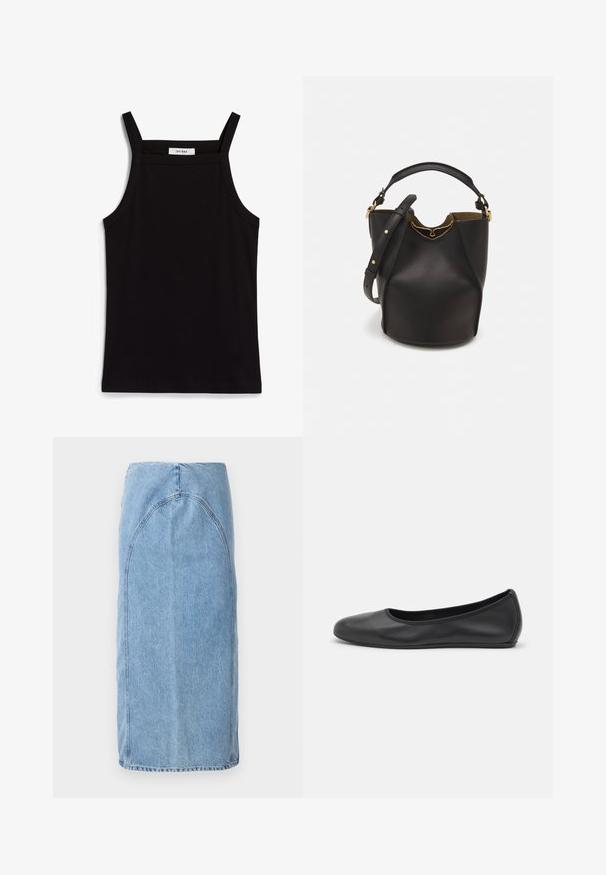 Črna majica brez rokavov z tankimi naramnicami, izdelana iz rebrastega materiala, z ravnim krojem in oznako na ovratniku z napisom "IVY OAK."; Denim krilo v svetlo modri barvi, do kolen, s prilegajočim se krojem in ukrivljenimi šivi. Ima čist rob in brez vidne strojne opreme.; Črne usnjene balerinke z zaobljenim nosom, gladko teksturo, minimalnimi šivi in fleksibilno zasnovo podplata.; Črna usnjena torba v obliki kante z teksturirano površino, z zlatimi kovinskimi detajli in odprtim vrhom. Ima kratek ročaj in prilagodljiv ramenski trak.