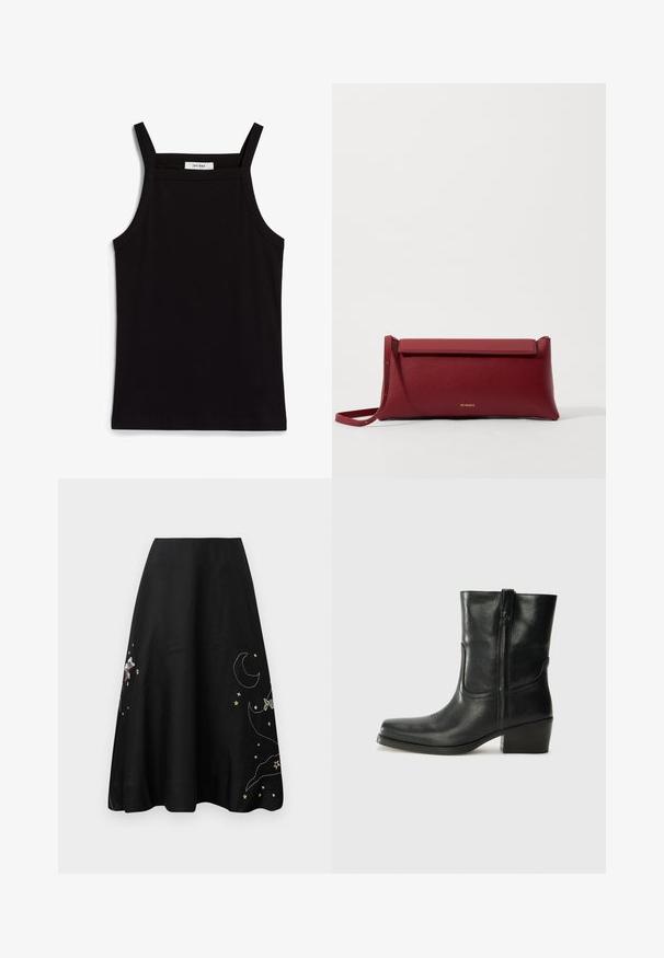 Juodas topas su plonais spaghetti petnešomis, pagamintas iš rausvos medžiagos, turintis tiesų kirpimą ir etiketę prie iškirpės, ant kurios parašyta "IVY OAK."; Juoda sijonas, papuoštas spalvinga žvaigždžių, mėnulio ir veikėjo siuvinėjimu. A-linijos siluetas, glotni medžiaga, iki kelių ilgio, su subtiliu blizgesiu.; Juodi odiniai aulinukai iki kulkšnies su apvali nosimi, blokuotais kulnais, šonine užtrauktuku ir siuvimo akcentais ant viršutinės dalies. Lygi tekstūra, klasikinis dizainas.; Raudona odinė rankinė su tekstūruotu paviršiumi, turinti plokščią užlenkiamą viršų ir trumpą dirželį. Subtilus prekės ženklo logotipas priekyje.