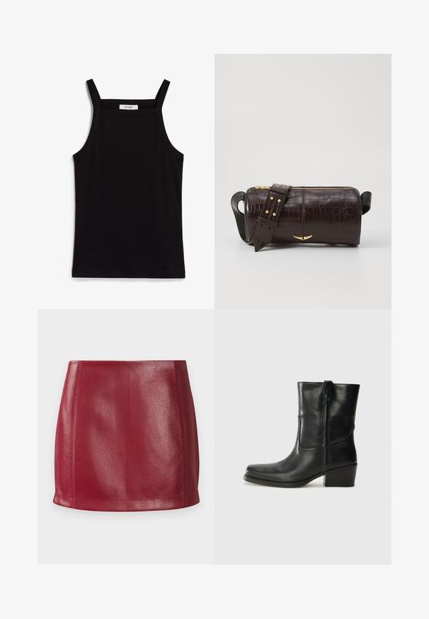 Must must vest, mille õhukeste spagettiratastega, ribakanga materjalist, sirge lõikega ja kaela piirkonnas sildi "IVY OAK".; Punane kunstnahast mini seelik, mis sisaldab siledat tekstuuri, keha lähedast lõiget ja sirget hemmi kergelt läikiva ning diagonaalse mustriga detailidega.; Musta nahast pahkluu saabas ümarate varvastega, plokknäppu, külgsepa ja pealsetel õmblusest aktsentidega. Sile tekstuur, klassikaline disain.; Pruunist krokodillimustrist nahast kott, millel on silindri kuju, kuldse tooni metalldetailid ja eemaldatav rihm, kus on nupud.