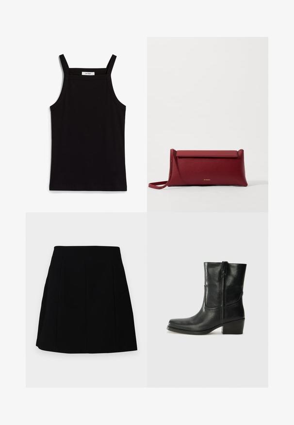 Schwarzes Tanktop mit dünnen Spaghetti-Trägern, aus geripptem Stoff, mit geradem Schnitt und einem Etikett am Hals, auf dem "IVY OAK" steht.; Schwarzer Minirock mit strukturierter Silhouette, ausgestattet mit Vordernähten und Seitentaschen, aus einem glatten, leichten Stoff.; Schwarze Leder-Ankle Boots mit runder Zehenform, Blockabsatz, seitlichem Reißverschluss und gestickten Akzenten auf dem Blatt. Glatte Textur, klassisches Design.; Rote Leder-Clutch mit strukturiertem Finish, ausgestattet mit einem flachen Klappdeckel und einem kurzen Tragegriff. Diskretes Markenlogo auf der Vorderseite.