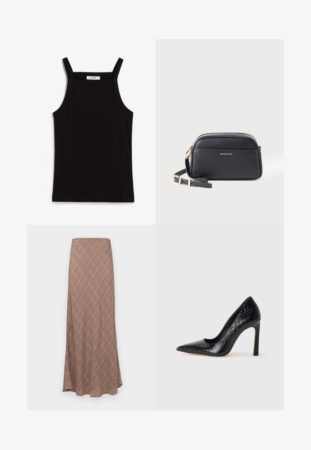 Black tank top with thin spaghetti straps, made of a ribbed fabric, featuring a straight cut and a label at the neckline reading "IVY OAK."; Long, flared skirt with a brown geometric pattern, featuring a smooth texture and an elastic waistband for comfort.; Black pointed-toe high heel shoe with a crocodile-skin texture, featuring a sleek design, high stiletto heel, and smooth black interior.; Black textured leather Michael Kors crossbody bag with adjustable strap and gold-tone hardware on a white background.