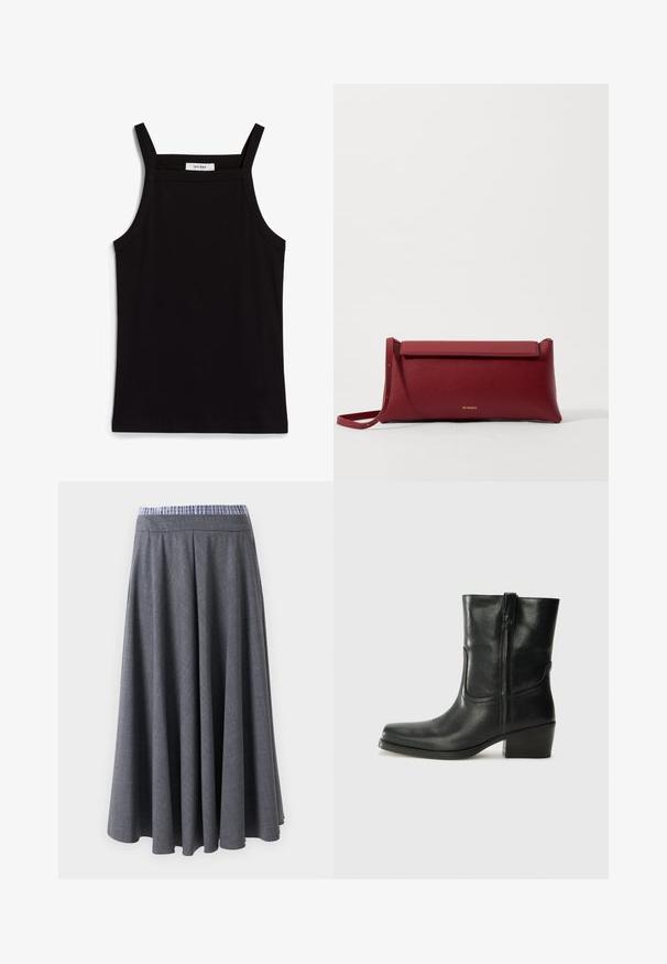 Canotta nera con spalline sottili, realizzata in un tessuto a coste, caratterizzata da un taglio dritto e un'etichetta sul collo che recita "IVY OAK."; Pantaloni a vita alta, grigio scuro, a gamba larga con un leggero motivo a quadri e una cintura a righe blu e bianche, esposti appesi su uno sfondo bianco.; Stivale ankle in pelle nera con punta arrotondata, tacco a blocco, cerniera laterale e dettagli in cucitura sulla tomaia. Texture liscia, design classico.; Borsa a pochette rossa in pelle con finitura texturizzata, dotata di un sopra pieghevole piatto e di una tracolla corta. Logo del marchio discreto sulla parte anteriore.