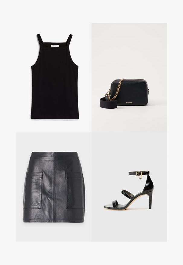 Mustat hihattomat paidat, joissa on ohut spagettiolkaimet, valmistettu ribbikankaasta. Paidassa on suora leikkaus ja kaula-aukon kohdalla on lappu, jossa lukee "IVY OAK."; Mustahdollinen musta nahkainen minihame, jossa on kaksi sivutaskua, sileä rakenne, tiukka malli ja siistit linjat ilman ylimääräisiä koristeluja.; Musta patentoitu nahkasandaali, jossa on kolme hihnaa, nilkkasolki ja 4 tuuman stiletto-korko. Varustettu kultaisilla yksityiskohdilla ja logokoristeella.; Mustakasta nahkaa oleva olkalaukku, jossa on kultaiset ketjuviimeistelyt, vetoketjukiinnitys ja irrotettava kangasolka. Michael Korsin logo edessä.