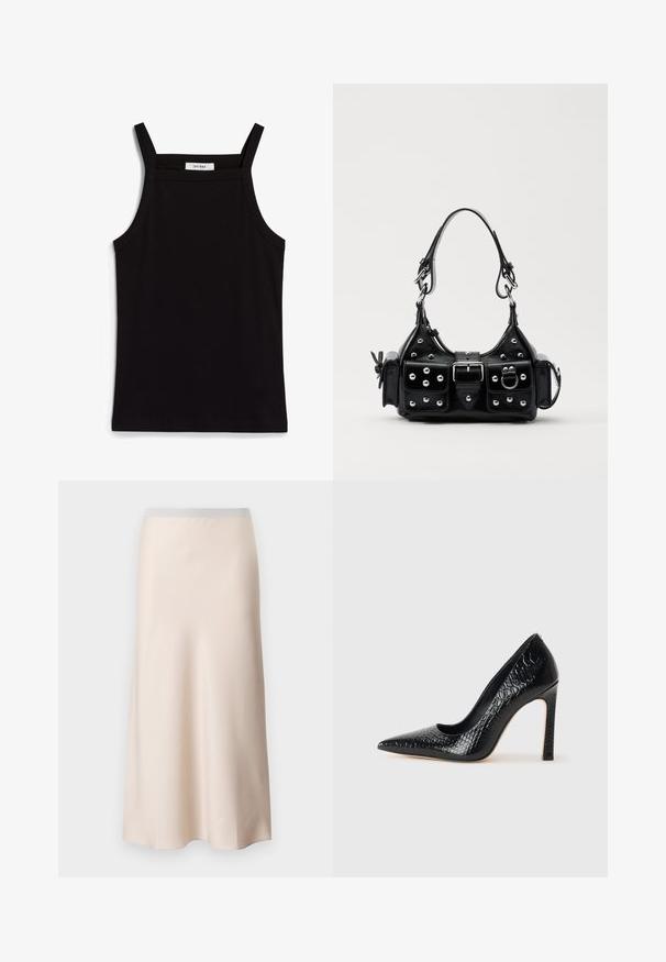 Crna majica bez rukava s tankim trakama, izrađena od rebraste tkanine, s ravnim krojem i etiketom na izrezu koja glasi "IVY OAK."; Svijetlo bež midi suknja s glatkom, satenastom završnom obradom i svijetlosivim elastičnim pojasom. Rašireni dizajn koji se sužava prema rubu.; Crne visoke potpetice s oštrim prstima, od teksture krokodilske kože, elegantnog dizajna, visoke stiletto potpetice i glatkog crnog unutrašnjosti.; Crna kožna torba s zakrivljenim dizajnom, koja sadrži srebrne zakovice, kopču i dva bočna džepa. Podesiva traka za različite opcije nošenja.