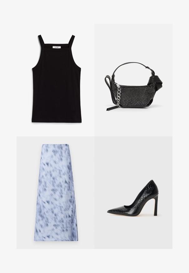 Zwarte tanktop met dunne spaghettibandjes, gemaakt van ribstof, met een rechte snit en een label op de hals dat "IVY OAK" zegt.; Een lange, lichtblauwe rok met een vervaagd, donkerblauw patroon. De stof lijkt zacht met een gladde textuur en een eenvoudig ontwerp.; Zwarte puntige hoge hak schoen met een krokodillenleren textuur, met een slank ontwerp, hoge stiletto-hak, en een gladde zwarte binnenkant.; Zwarte handtas met studded embellishments, een kettingriem en een soepel leren handvat, met een afgeronde vorm en een ritscompartiment.