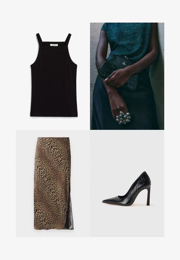 Black tank top with thin spaghetti straps, made of a ribbed fabric, featuring a straight cut and a label at the neckline reading "IVY OAK."; Leopard print midi skirt featuring a form-fitting silhouette, sheer lace side panel, and smooth fabric texture in earthy tones.; Black pointed-toe high heel shoe with a crocodile-skin texture, featuring a sleek design, high stiletto heel, and smooth black interior.; Black crocodile-patterned clutch bag with silver hardware, held against a textured gray background. Features a shiny surface.