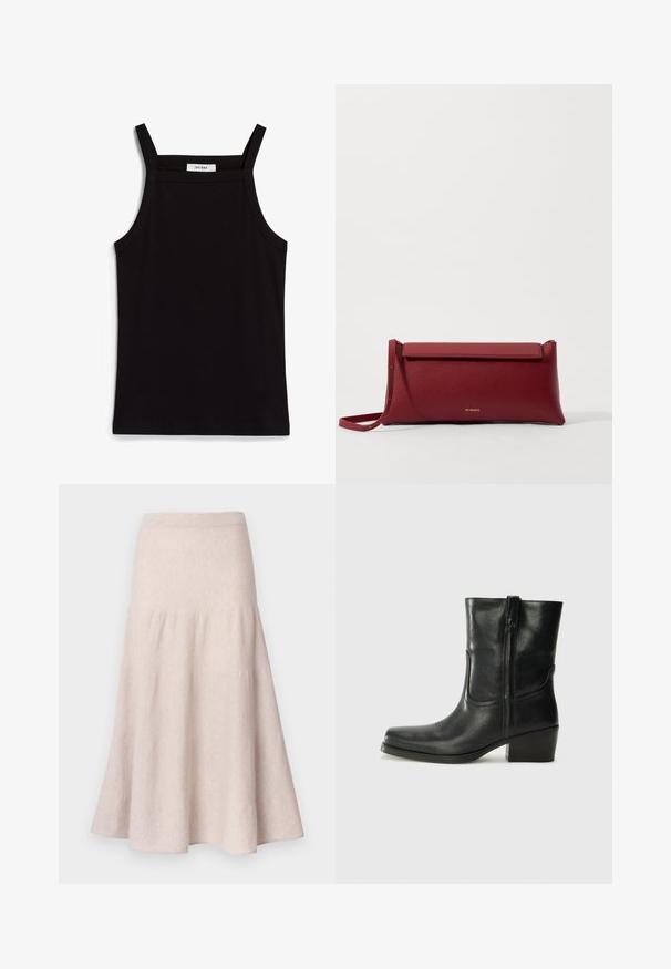 Must must vest, mille õhukeste spagettiratastega, ribakanga materjalist, sirge lõikega ja kaela piirkonnas sildi "IVY OAK".; Helebeežist heleroosa väljapõlvikuga seelik, valmistatud pehmest kangast, millel on kõrge vöökoht ja kogutud disain koos voolava siluetiga.; Musta nahast pahkluu saabas ümarate varvastega, plokknäppu, külgsepa ja pealsetel õmblusest aktsentidega. Sile tekstuur, klassikaline disain.; Punane nahkne käekott tekstuuriga viimistlusega, millel on lame voltimisosa ja lühike rihm. Pehme brändi logo ees.