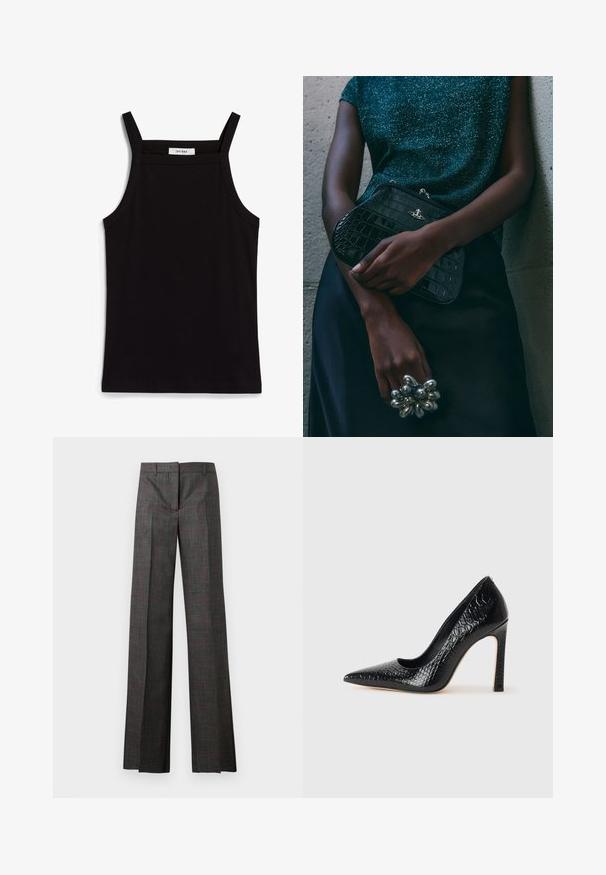 Must must vest, mille õhukeste spagettiratastega, ribakanga materjalist, sirge lõikega ja kaela piirkonnas sildi "IVY OAK".; Hallid hallid triibulised püksid laia säärega, punase aktsendiga, siledast materjalist ja kohandatud vöökohaga. Keskmise kõrgusega disain, ideaalne ametlikeks üritusteks.; Mustan teravaotsaga kõrge kontsaga king, millel on krokodillimustriga tekstuur, stiilne disain, kõrge stilettokonts ja sile must sisesisustus.; Must musta tihe-must reptiili nahast pidulik kott hõbedaste detailidega, mille taustal on tekstuuriline hall taust. Omab läikivat pinda.