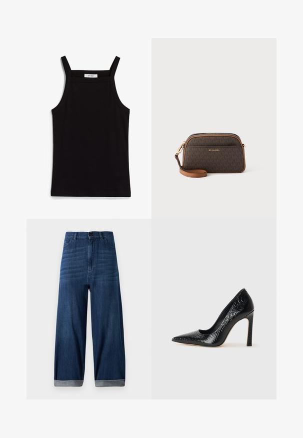 Črna majica brez rokavov z tankimi naramnicami, izdelana iz rebrastega materiala, z ravnim krojem in oznako na ovratniku z napisom "IVY OAK."; Temno modri široki traper hlače s manšeti, sprednjim gumbom in žepoma na enostavni svetli podlagi.; Črne čevlje z visoko peto in konico v obliki puščice, z teksturo krokodilje kože, ki se ponašajo s sleek oblikovanjem, visokim stiletto peto in gladkim črnim notranjostjo.; Brašna čez ramo v rjavi barvi z monogram vzorcem, s svetlo rjavimi poudarki, z zlatim okovjem, z zapiranjem na zadrgo in z nastavljivim usnjenim trakom.