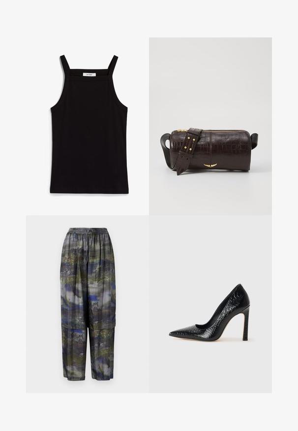 Crna majica bez rukava s tankim trakama, izrađena od rebraste tkanine, s ravnim krojem i etiketom na izrezu koja glasi "IVY OAK."; Henrik Vibskov SHANTS PANTS - Hlače - grey; Crne visoke potpetice s oštrim prstima, od teksture krokodilske kože, elegantnog dizajna, visoke stiletto potpetice i glatkog crnog unutrašnjosti.; Smeđa torba od kože s embosiranim krokodilskim uzorkom, cilindričnog oblika, zlatne hardverske detalje i odvojivu naramenicu sa čavlima.