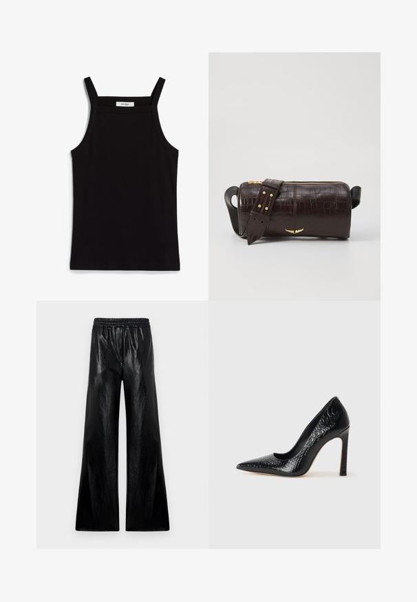Débardeur noir à fines bretelles, en tissu côtelé, avec une coupe droite et une étiquette au niveau du col indiquant "IVY OAK."; Pantalons larges en matériau noir brillant avec une taille élastiquée. Le tissu présente une texture lisse et un léger éclat.; Escarpin noir à bout pointu avec texture en cuir de crocodile, présentant un design élégant, un haut talon aiguille et un intérieur noir lisse.; Sac en cuir embossé crocodile marron avec une forme cylindrique, quincaillerie dorée et une bandoulière détachable ornée de clous.