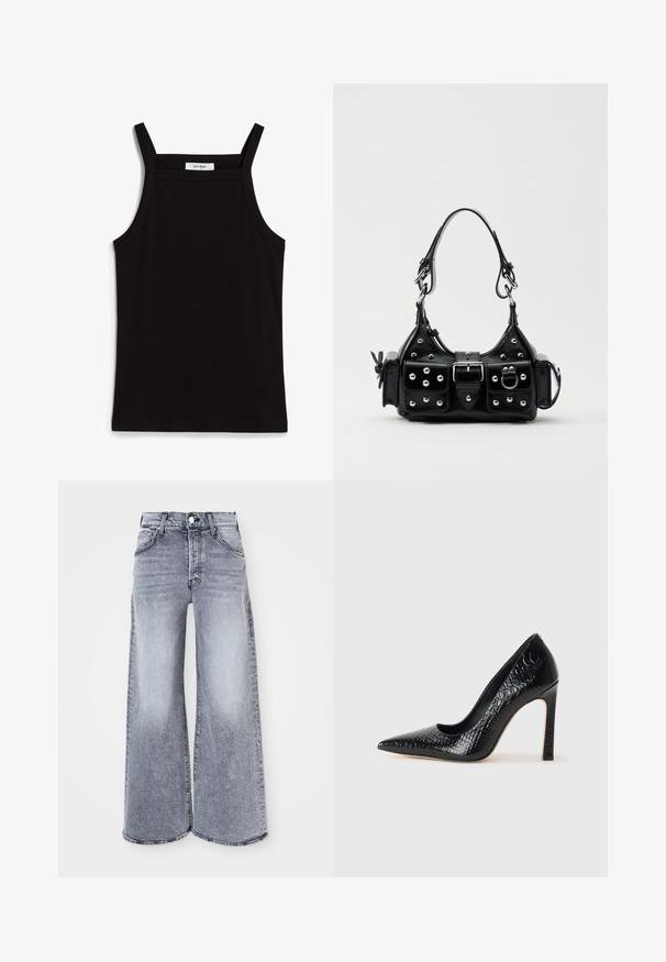 Top negro sin mangas con tirantes finos, hecho de una tela acanalada, que presenta un corte recto y una etiqueta en el cuello que dice "IVY OAK".; Jeans de pierna ancha en gris claro, confeccionados en denim, con una cintura alta, cierre de botón, un ligero desvanecimiento y un dobladillo sin acabado en las piernas.; Zapato de tacón alto negro con punta afilada y textura de piel de cocodrilo, que presenta un diseño elegante, un alto tacón de aguja y un interior negro suave.; Bolso de mano de cuero negro con un diseño curvado, que cuenta con tachuelas plateadas, una hebilla y dos bolsillos laterales. Correa ajustable para opciones de transporte.