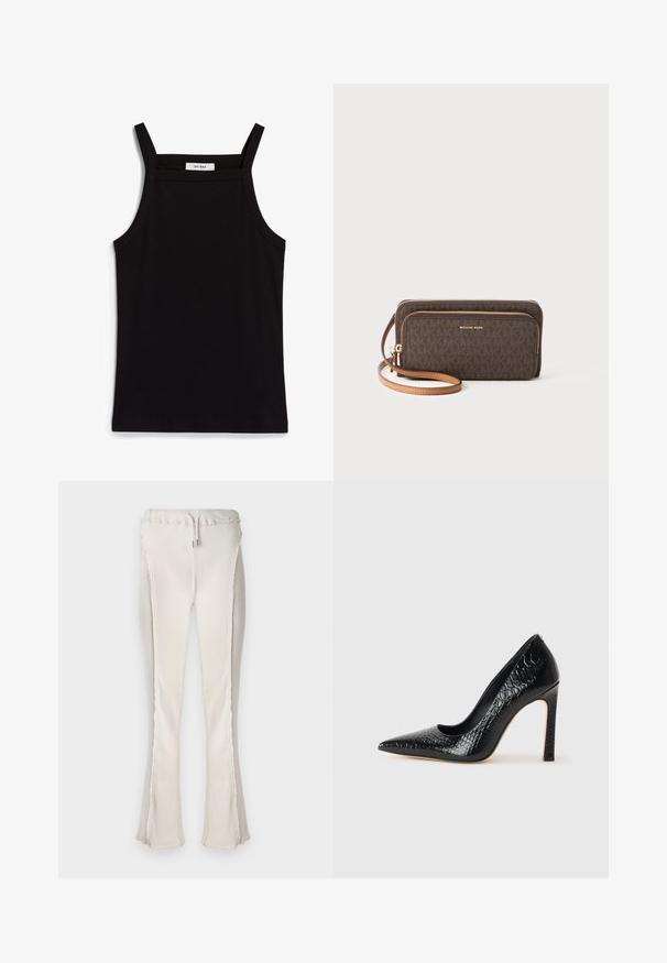 Débardeur noir à fines bretelles, en tissu côtelé, avec une coupe droite et une étiquette au niveau du col indiquant "IVY OAK."; Pantalons évasés beige clair avec une texture côtelée, dotés d'une taille à cordon de serrage et de bords bruts le long des coutures latérales et de l'ourlet.; Escarpin noir à bout pointu avec texture en cuir de crocodile, présentant un design élégant, un haut talon aiguille et un intérieur noir lisse.; Portefeuille marron à motifs avec fermeture éclair, quincaillerie dorée et une sangle amovible beige. Présente le logo "MICHAEL KORS" sur le devant.