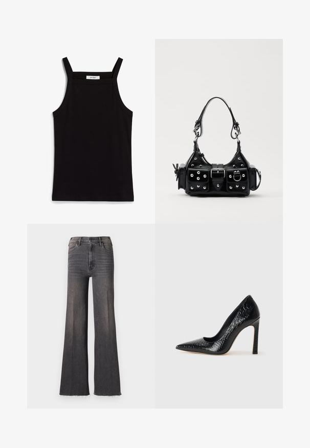 Svart linne med tunna spaghetti-remmar, tillverkat av ett ribbat tyg, med rak skärning och en etikett vid halsringningen som säger "IVY OAK."; Högmidjade, urblekta svarta vida jeans med knäppning, framfickor och råa, fransade fållar.; Svart spetsig högklackad sko med krokodilskinnsstruktur, som har en elegant design, hög stilettklack och en slät svart innersula.; Svart läderhandväska med en kurvad design, prydd med silverfärgade nitar, ett spänne och två sidofickor. Justerbar rem för olika bäralternativ.