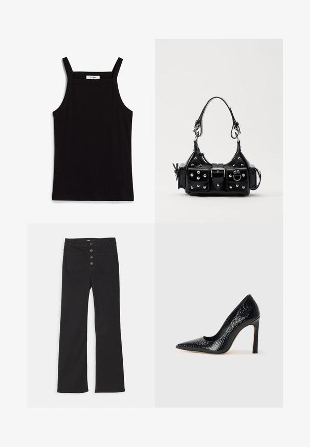Must must vest, mille õhukeste spagettiratastega, ribakanga materjalist, sirge lõikega ja kaela piirkonnas sildi "IVY OAK".; Mustad denimist laiad jalad kõrge vöökohaga, viie taskuga disain ja esine nupuga kinnitamine, kus on neli metallnuppu.; Mustan teravaotsaga kõrge kontsaga king, millel on krokodillimustriga tekstuur, stiilne disain, kõrge stilettokonts ja sile must sisesisustus.; Must värvi nahast käekott, millel on kaarjas disain, hõbedased nupukesed, kinnitusahe ja kaks külgtaskut. Reguleeritav rihm erinevate kandmisvõimaluste jaoks.