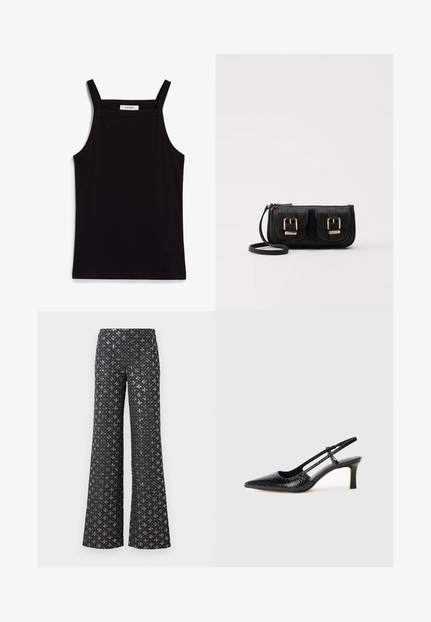 Czarny top na ramiączkach z cienkimi spaghetti, wykonany z żebrowanej tkaniny, z prostym krojem i metką przy wycięciu na szyję z napisem "IVY OAK."; Czarne szerokie spodnie z cekinową teksturą i srebrnymi akcentami, tworząc wzorzysty wygląd na całej powierzchni tkaniny.; Czarne lakierowane czółenka na obcasie typu slingback z wąskim noskiem, z teksturowanym wzorem wężowym, regulowanym paskiem oraz krótkim, teksturowanym obcasem w kształcie słupka.; Czarna skórzana torba na ramię z dwoma przednimi kieszeniami, złotymi klamrami, zamkiem błyskawicznym i cienkim paskiem. Teksturowana powierzchnia i kompaktowy prostokątny kształt.