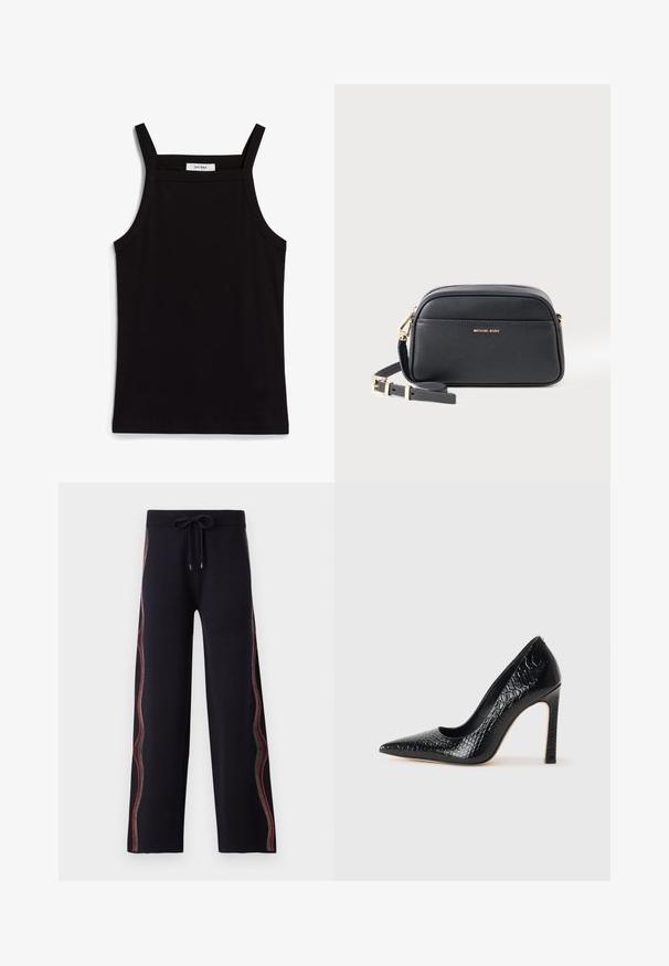 Juodas topas su plonais spaghetti petnešomis, pagamintas iš rausvos medžiagos, turintis tiesų kirpimą ir etiketę prie iškirpės, ant kurios parašyta "IVY OAK."; Juodi plačiakraščiai kelnių su minkšta tekstūra, su daugiaspalvėmis dekoratyvinėmis siūlėmis šonuose ir reguliuojamo ilgio raišteliu juosmenyje.; Juoda smailiakulnė aukšto kulno bateliai su krokodilo odos tekstūra, pasižymintys elegantišku dizainu, aukštu stiletu kulnu ir lygia juoda vidine dalimi.; Juodas tekstūruotas odinis Michael Kors šoninis krepšys su reguliuojama dirželiu ir auksinės spalvos detalėmis ant balto fono.