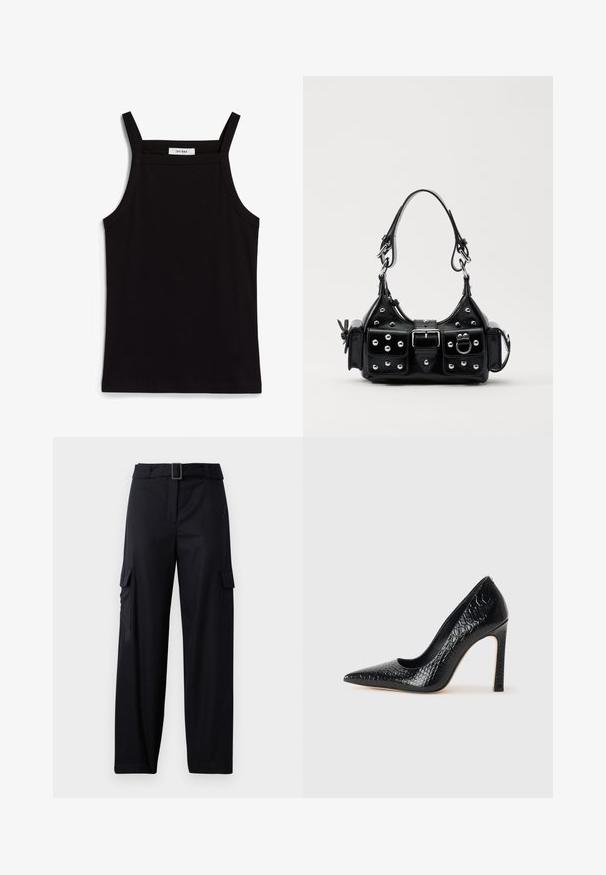 Mustat hihattomat paidat, joissa on ohut spagettiolkaimet, valmistettu ribbikankaasta. Paidassa on suora leikkaus ja kaula-aukon kohdalla on lappu, jossa lukee "IVY OAK."; Mustat cargo-housut, joissa on suora lahje. Ominaisuuksiin kuuluu kaksi sivutaskua ja vyö suoralla soljella. Tasainen kangasrakennus.; Musta kapea nilkkakorkokenkä krokotiilin nahkakuviolla, joka on varustettu tyylikkäällä muotoilulla, korkealla stiletto-korkealla ja sileällä mustalla sisäosalla.; Musta nahkainen käsilaukku, jossa on kaareva muotoilu, hopeiset niitit, solki ja kaksi sivutaskua. Säädettävä olkahihna erilaisiin kantovaihtoehtoihin.