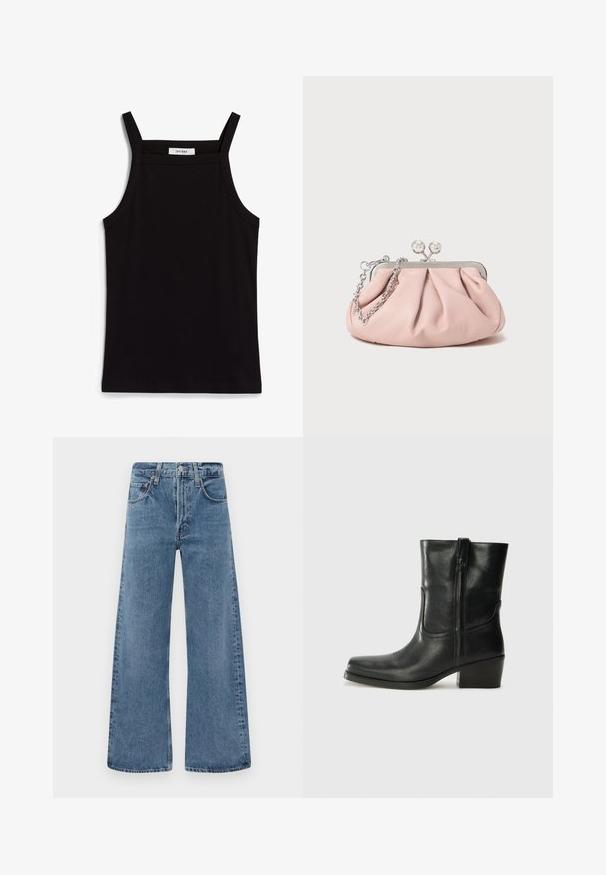 Zwarte tanktop met dunne spaghettibandjes, gemaakt van ribstof, met een rechte snit en een label op de hals dat "IVY OAK" zegt.; Wijde denim jeans in het blauw met een klassieke vijf-pocketstijl, knoopsluiting en vervaagde textuur, met onafgewerkte zoomranden.; Zwarte leren enkellaars met een ronde neus, blokhak, zijrits en stikselaccenten op de wreef. Gladde textuur, klassiek ontwerp.; Roze leren clutch tas met een geplooid ontwerp, metalen frame, twee ronde sluitingen en een zilveren schouderband. Gladde textuur, compacte vorm.