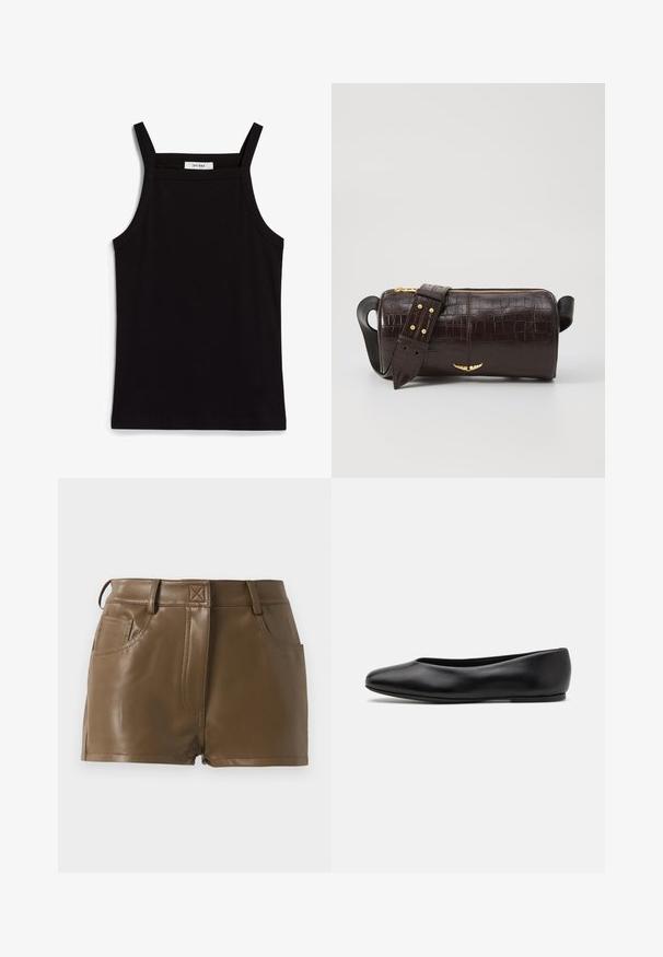 Černý top bez rukávů s tenkými ramínky, vyrobený z žebrované tkaniny, se rovný střih a štítek na výstřihu s nápisem "IVY OAK."; Hnědé šortky z umělé kůže s přiléhavým střihem, pasem s poutky na opasek, předními kapsami a viditelnými švy.; Paul Smith TOPANGA - Klasické baleríny - black; Hnědá kabelka z krokodýlí kůže s embosováním, cylindrického tvaru, se zlacenými kovovými prvky a odnímatelným popruhem se hroty.