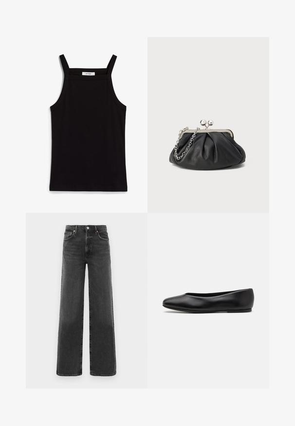 Zwarte tanktop met dunne spaghettibandjes, gemaakt van ribstof, met een rechte snit en een label op de hals dat "IVY OAK" zegt.; Zwarte high-waist straight leg denim jeans met een voorste knoop en ritssluiting, twee voorzakken en twee achterzakken.; Paul Smith TOPANGA - Ballerina's - black; Zwarte leren clutch met geplooide textuur, zilverkleurig metalen frame, drukknopsluiting en kettingriem. Glad, zacht oppervlak.