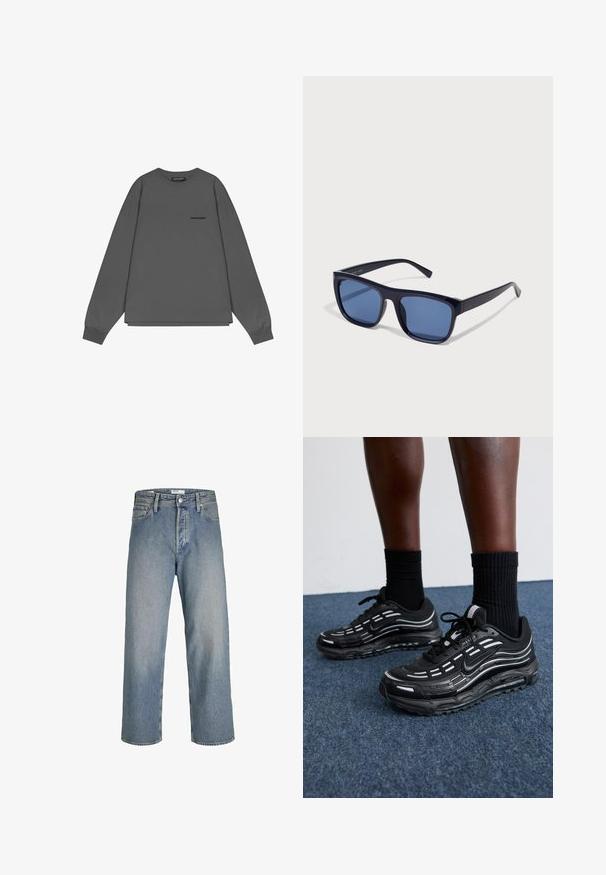 Grauer Langarm-Pullover aus weicher Baumwolle, mit Rundhalsausschnitt, lässiger Passform und einem kleinen Logo auf der linken Vorderseite.; Hellblaue Denim-Jeans mit lockerer Passform, hoher Taille und geraden Beinen. Mit Fronttaschen und einem Metallknopfverschluss.; Schwarze Nike-Schuhe verfügen über ein Obermaterial aus Mesh mit Akzentstreifen, strukturiertem Schnürsystem und einer schwarzen Gummisohle. Getragen mit schwarzen, gerippten Socken.; Schwarze Kunststoff-Sonnenbrille mit rechteckigem Rahmen, blaufärbigen Gläsern und schlanken Bügeln, mit einer glänzenden Oberfläche.