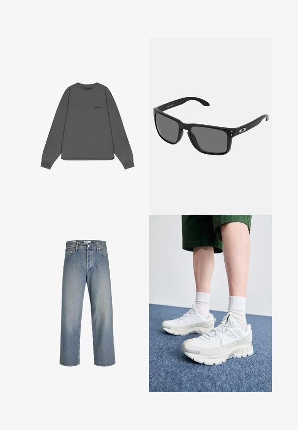 Felpa grigia a maniche lunghe realizzata in morbido cotone, con collo rotondo, vestibilità comoda e un piccolo logo sul lato sinistro anteriore.; Jeans in denim azzurro chiaro con vestibilità ampia, vita alta e gambe dritte. Presentano tasche anteriori e chiusura con bottone in metallo.; Scarpe da ginnastica bianche con sovrapposizioni testurizzate, suola spessa e accenti grigi. Indossate con calze corte bianche e pantaloni corti verdi su una superficie blu.; Occhiali da sole neri con una robusta montatura in plastica, lenti grigie scure e sottili accenti metallici sulle asticelle. Forma quadrata con texture liscia.