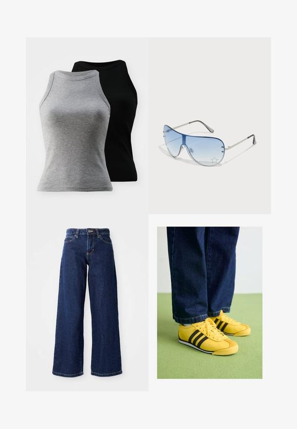 Két ujjatlan bordázott trikó, szürke és fekete színben. Lekerekített nyakvágással és testhezálló szabással rendelkeznek, puha pamutkeverékből készültek.; Sötétkék, bő szárú farmernadrág, gombos és cipzáras záródással, övhurkokkal és klasszikus, öt zsebes dizájnnal.; Sárga bőrcipők fekete csíkokkal, texturált orral és fehér talppal, sötét farmernadrággal párosítva, zöld felületen.; Pilóta napszemüveg, melynek áttetsző kék lencséje, ezüst fém kerete és díszes csillag díszítések találhatók a lencsén. Simogató és elegáns dizájn.