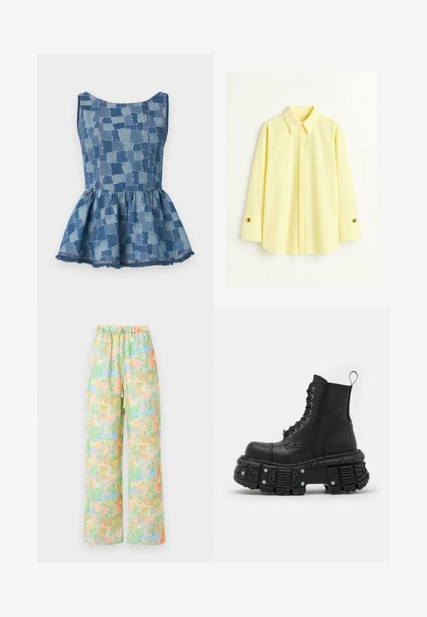Denim peplum top in light and dark blue hues, with a checkered pattern and frayed hem. Features a round neckline and an accent ring detail.; Yellow long-sleeve shirt made of a lightweight fabric. Features a classic collar and gold button detail on the cuffs. Smooth texture.; Wide-leg trousers in light fabric featuring a pastel pattern of fish and plants. Elasticated waist with a drawstring detail.; Black leather combat boots with a high shaft, lace closure, chunky rubber sole, and metal accents on the sole's base.