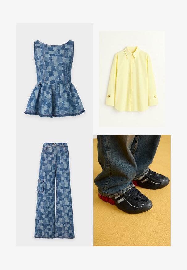 Denim peplum top v svetlih in temnih modrih odtenkih, s karo vzorcem in razfranjenim robom. Ima okroglo ovratnico in detajl obroča.; Rumena majica z dolgimi rokavi, izdelana iz lahkotnega materiala. Ima klasičen ovratnik in zlato gumbno obdelavo na manšetah. Gladka tekstura.; Modre široke kavbojke z velikim patchwork vzorcem, strganim robom in stranskim žepom s podrobnostjo gumba.; Črne športne čevlje z mrežasto zgornjim delom, sijočimi poudarki in rdečo oblazinjenjem na podplatu, v kombinaciji z modrimi jeans hlačami.