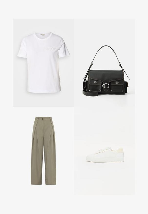 Weißes Baumwoll-T-Shirt mit kurzen Ärmeln, Rundhalsausschnitt und einem dezenten gestickten Logo auf der linken Brustseite. Glatte Textur, klassischer Schnitt.; Moves LAURO - Stoffhose - fossil; Weißer Sneaker mit Obermaterial aus Canvas, runder Zehenpartie und flacher Gummisohle. Verfügt über goldfarbene Ösen und einen hellbeigen Fersenakzent.; Schwarze lederne Handtasche mit Klappenverschluss, silbernen Beschlägen, zwei Vordertaschen, kontrastierenden Nähten und einem abnehmbaren Schultergurt.