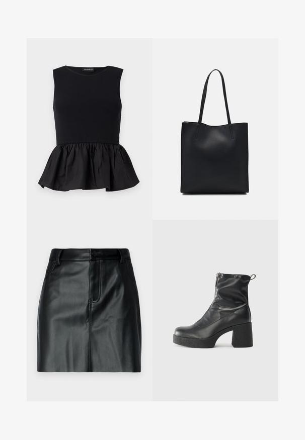 Black sleeveless top with ribbed upper section and a flared, gathered peplum bottom. Smooth texture with a solid color throughout.; Black leather mini skirt featuring a smooth texture, waistband with button closure, and front pockets with stitched detailing.; Black ankle boots made of smooth leather, featuring a side zipper, chunky textured heel, and rounded toe design.; Black leather tote bag with smooth texture, rectangular shape, and two long handles. No visible hardware or embellishments.