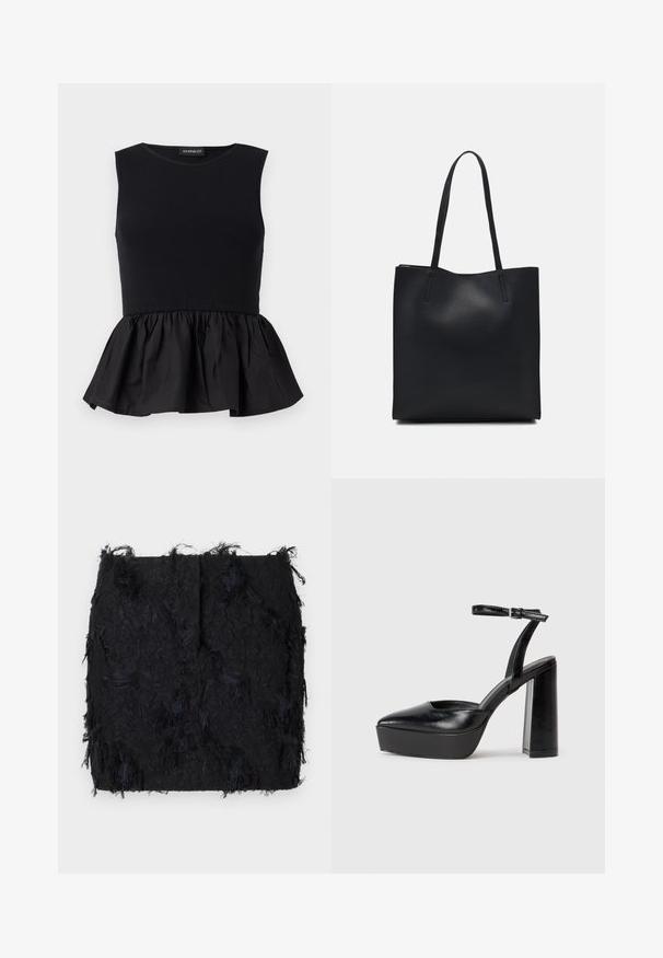 Black sleeveless top with ribbed upper section and a flared, gathered peplum bottom. Smooth texture with a solid color throughout.; Black textured skirt featuring a layered fringe design with a slightly irregular hemline, made from a lightweight fabric.; Black platform heels with a pointed toe and adjustable ankle strap. Constructed from smooth leather, featuring a chunky block heel.; Black leather tote bag with smooth texture, rectangular shape, and two long handles. No visible hardware or embellishments.