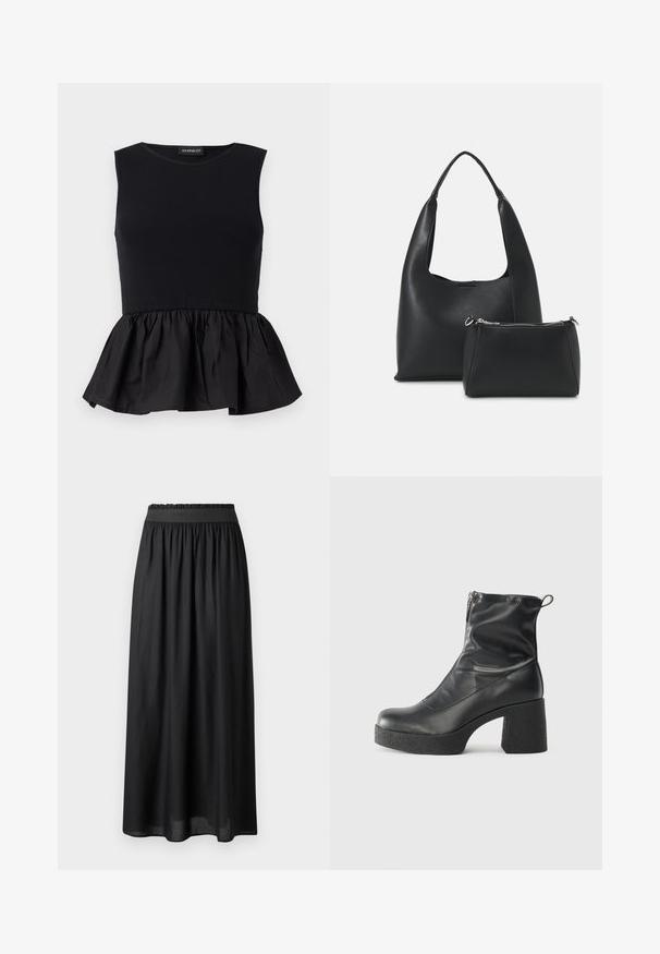 Czarny top bez rękawów z prążkowanym górnym fragmentem i rozkloszowanym, marszczonym dołem w stylu peplum. Gładka tekstura w jednolitym kolorze.; Czarna spódnica midi z lekkiego materiału, z elastyczną talią i zwiewną sylwetką o gładkiej teksturze.; Czarne botki za kostkę wykonane z gładkiej skóry, wyposażone w boczny zamek błyskawiczny, masywny teksturowany obcas oraz zaokrąglony czubek.; Even&Odd - Torebka