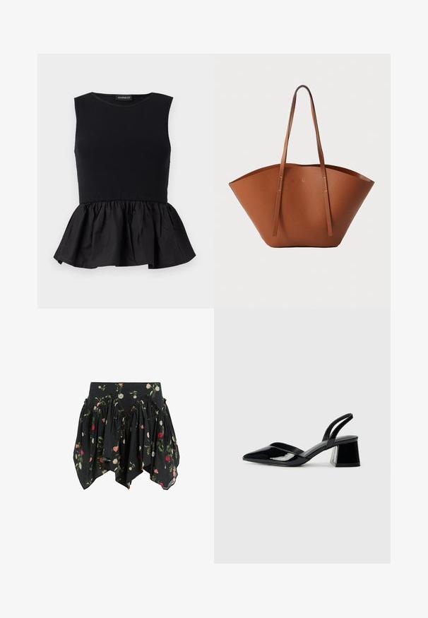 Μαύρο αμάνικο τοπ με ριγωτό άνω τμήμα και φαρδιά, gathered πεπλούμενη βάση. Λείος υφασμάτινος σχεδιασμός με ομοιόμορφο χρώμα σε όλη την επιφάνεια.; Μαύρη φλοράλ φούστα από ελαφρύ ύφασμα, με ριγωτό σχέδιο και ροζ, κόκκινες και λευκές τριαντάφυλλες, καθώς και μοναδική ασύμμετρη τελείωση.; Μαύρα πατεντέ δερμάτινα γοβάκια slingback με μυτερή μύτη και γεωμετρικό τακούνι. Έχουν κομψό, μινιμαλιστικό σχέδιο και λεία υφή.; Καφέ δερμάτινη τσάντα tote με ευρύ, δομημένο σχήμα, λεπτές λαβές και υφή. Διαθέτει μινιμαλιστικό σχεδιασμό χωρίς ορατό υλικό.
