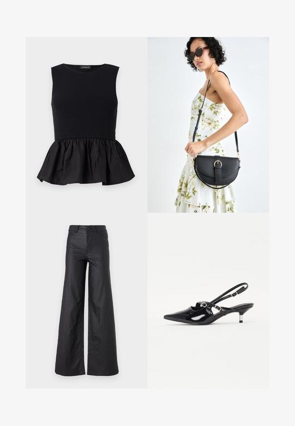 Czarny top bez rękawów z prążkowanym górnym fragmentem i rozkloszowanym, marszczonym dołem w stylu peplum. Gładka tekstura w jednolitym kolorze.; Czarne, szerokie spodnie z materiału przypominającego skórę. Posiadają wysoki stan, szlufki na pasek, dwie przednie kieszenie oraz przeszycia.; Czarne lakierowane szpilki typu slingback z ostro zakończonym noskiem, wąskim obcasem i regulowanym paskiem z klamrą na podbiciu. Gładka faktura.; Czarna skórzana torebka o zakrzywionym kształcie, z odpinanym paskiem i złotymi akcentami. Torebka posiada klapę z zapięciem w kształcie klamry.