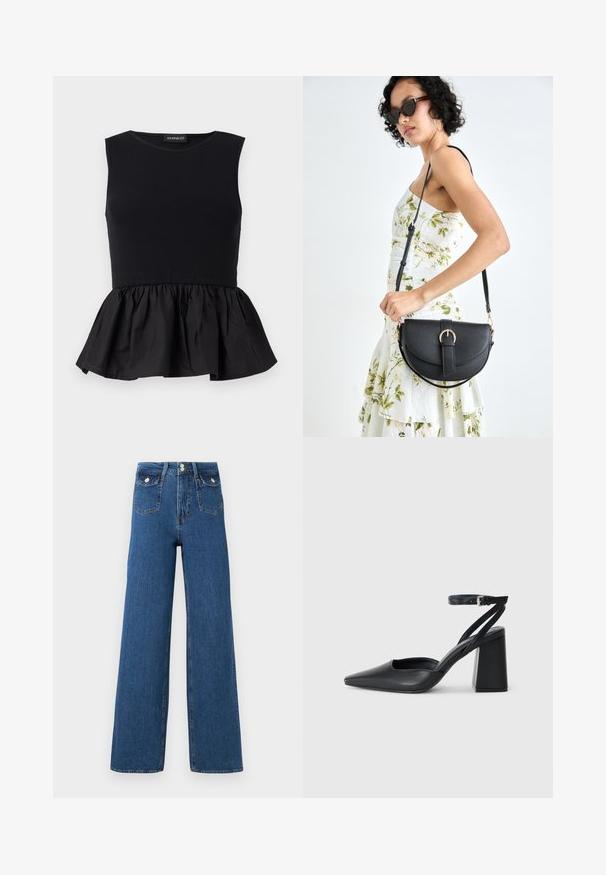 Juodas be rankovių marškinėlis su raukšlėtu viršutiniu sluoksniu ir plačiu, sukauptu peplumu apačioje. Lygus paviršius, vientisos spalvos visame audinyje.; Plati kelnės iš tamsaus džinsinio audinio. Yra dvi priekinės kišenės ir mygtuko uždarymas. Sklandus paviršius su matomomis siūlėmis ir struktūrine forma.; Juoda odinė smailiagalė aukštakulnio bateliai su kulkšnies dirželiu ir storu kulnu. Lygus paviršius, elegantiškas dizainas ir minimalistiška estetinė. ; Juodas odinis krepšys su išlenkta forma, nuimamu dirželiu ir auksiniais detalėmis. Krepšys turi kilpą su sagtimi.