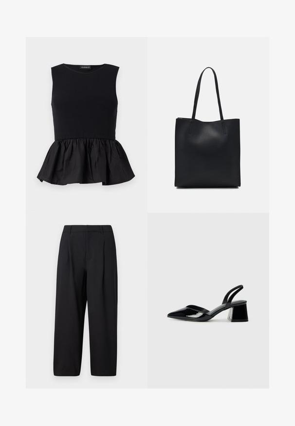 Musthave varrukatemp, mille ülemine osa on soonik ja allosas on siledalt vooderdatud, laienev ja kokku kogutud peplum. Ühtlane värv ja sile tekstuur.; Mustad teksad, millel on mugav lõige, volditud esiosa, tasane vöökoht ja sile tekstuur. Lõige on lühendatud pikkuses, sobib nii ametlikeks kui ka igapäevasteks kandmiseks.; Mustad musta lakknahk kingad, millel on terav varvas ja geomeetriline plokkkonts. Omab elegantselt minimalistlikku disaini ja sujuvat tekstuuri.; Mustast nahast kott sujuva tekstuuriga, ristkülikukujuline ja kahe pika sangaga. Pole nähtavat riistvara ega kaunistusi.