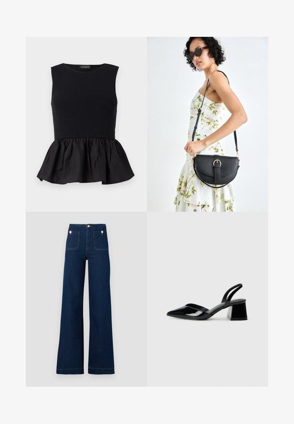 Černý bezrukávový top s žebrovanou horní částí a rozšířeným, nabíraným peplum spodním dílem. Hladká textura s jednobarevným provedením.; Tmavě modré široké džíny s vysokým pasem, zlatými knoflíkovými detaily, dvěma předními a zadními kapsami a kontrastním prošíváním. Texturovaná denimová tkanina.; Černé lakované kožené lodičky na pásku s špičatou špičkou a geometrickým blokovým podpatkem. Vyznačují se elegantním, minimalistickým designem a hladkým povrchem.; Černá kožená kabelka s křivkovým tvarem, odnímatelným popruhem a zlatými detaily. Kabelka má klopu s přezkou.