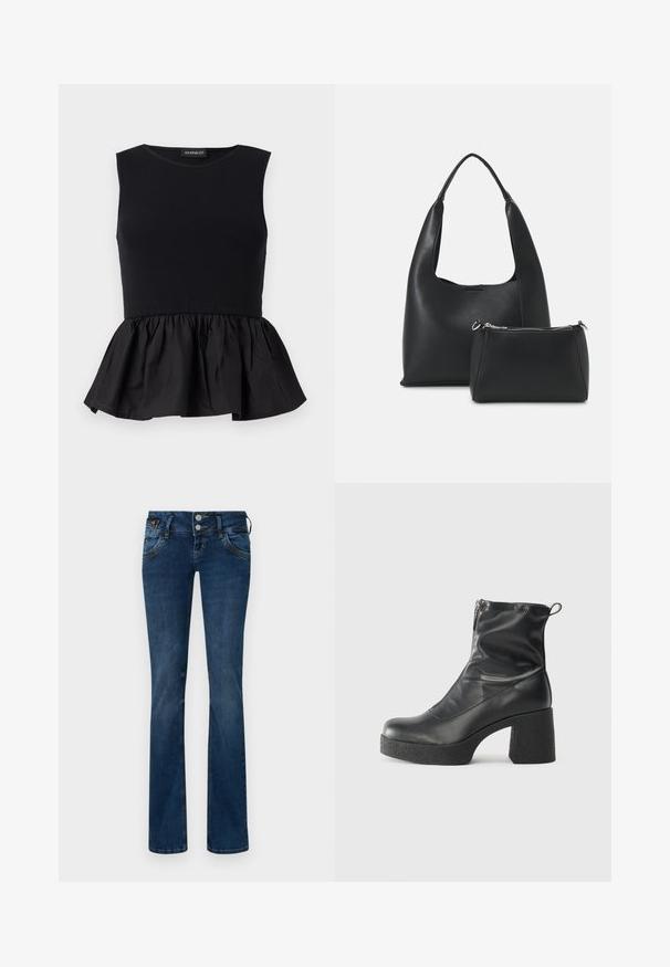 Top preto sem mangas com parte superior canelada e parte inferior peplum rodada e franzida. Textura suave com cor sólida por toda a peça.; Jeans de denim em azul escuro com um acabamento ligeiramente desbotado, apresentando um design clássico de cinco bolsos e fecho frontal de dois botões.; Botas de tornozelo pretas feitas de couro liso, com fecho lateral, salto grosso texturizado e design de bico arredondado.; Even&Odd Mala de mão - black