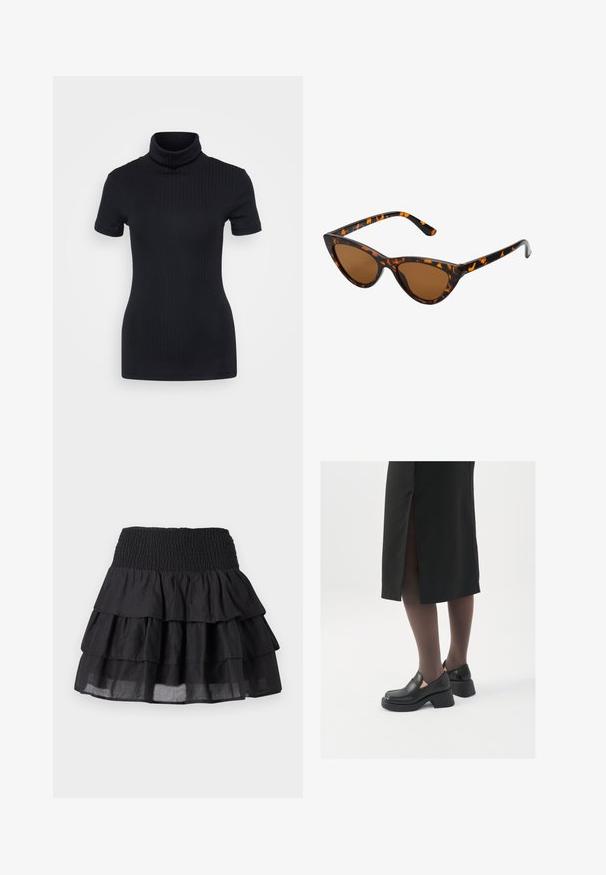 Svart ribbet høyhalset topp, kort ermer, tettsittende design, myk tekstur, minimale sømmer og høy krage.; Svart lagdelt skjørt med smocket liv. Har tre lag med volanger og et lett stoff for en luftig utseende.; Sorte lærersko med rund tå, tykk blokkheel og elastiske sideaksenter, sammen med mørke strømpebukser og et svart skjørt med splitt.; Kattøye solbriller med en svart og oransje skjellramme, brune linser og elegante, spisse tupper. Har en minimalistisk logo på stangen.